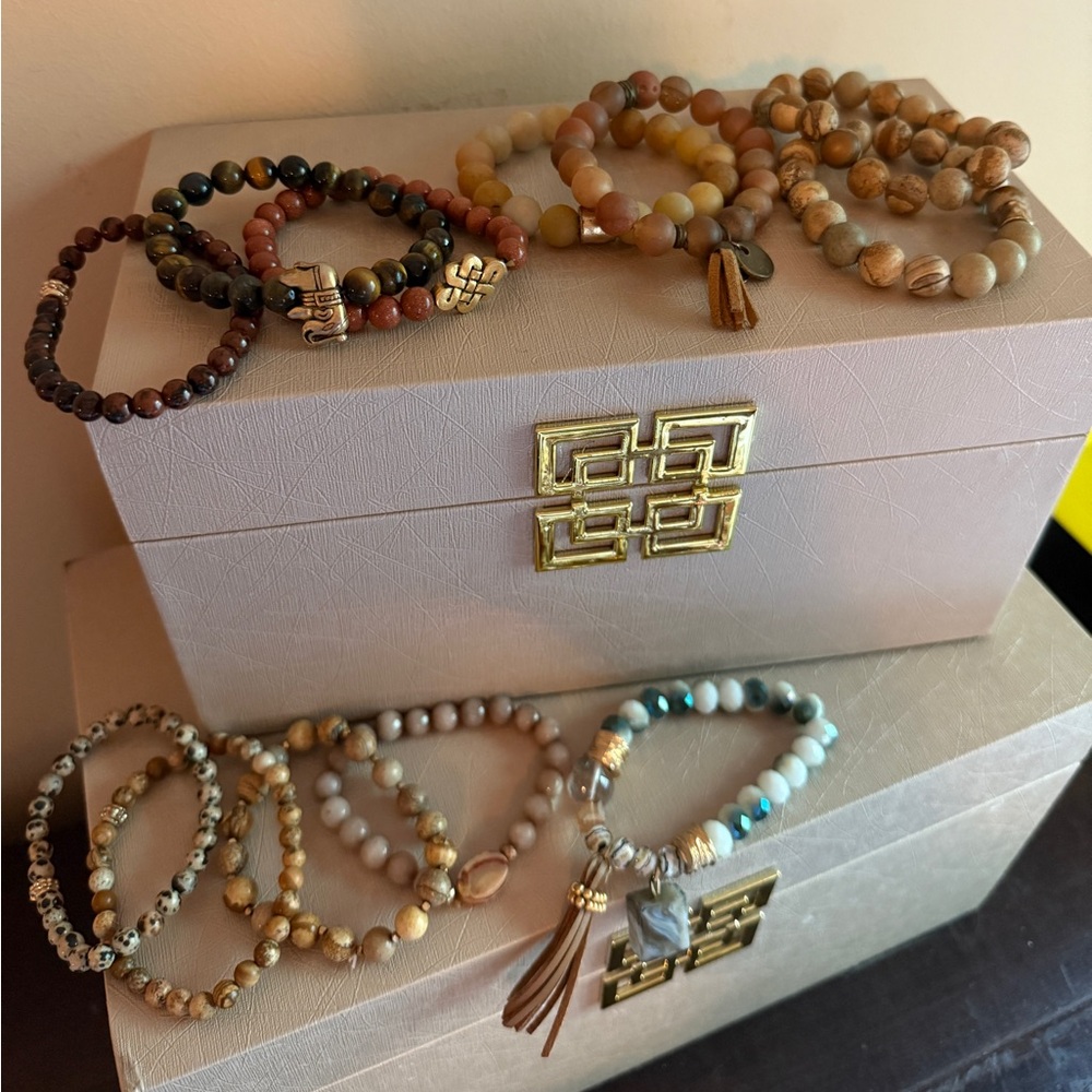 12 Wooden Boho Beaded Bracelet Set Stack
